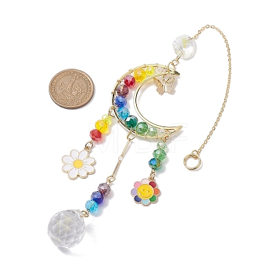 Glass Beads Wire Wrapped Brass Moon Hanging Ornaments HJEW-TA00212-1