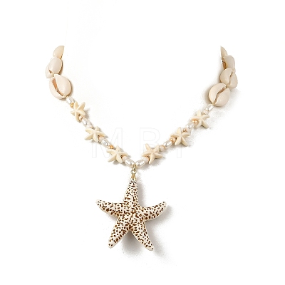 Summer Beach Adjustable Acrylic Starfish Pendant Natural Cowrie Shell & Synthetical Turquoise & Imitation Pearl Beaded Braided Necklaces for Women NJEW-JN06374-1