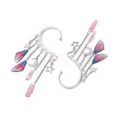 Wing Resin & Natural Quartz Crystal Points Beaded Dangle Earrings EJEW-TA00523-1
