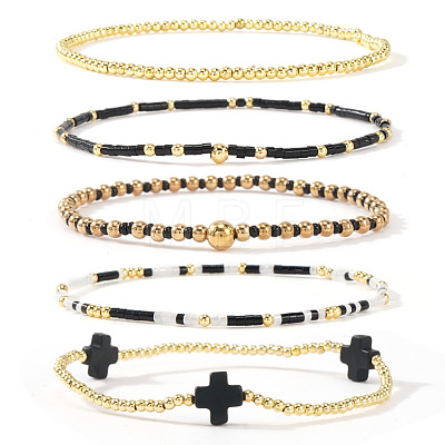 5Pcs 5 Styles Brass & Resin Beads Stretch Bracelets FP8271-1-1
