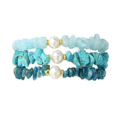 3Pcs 3 Styles Natural & Synthetic Mixed Gemstone Chip & Natural Cultured Freshwater Pearl Beaded Stretch Bracelets Set for Women BJEW-JB13762-05-1