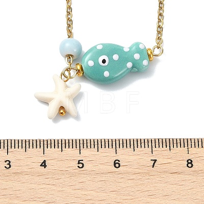 Ocean Synthetic Turquois Starfish & Handmade Porcelain Fish Pendant 304 Stainless Steel Cable Chain Necklaces NJEW-JN06139-1