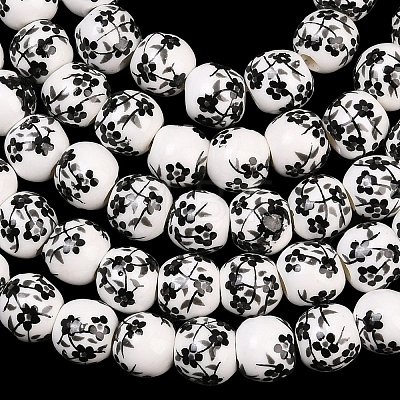 Floral Printed Porcelain Beads PORC-L004-6mm-07-1