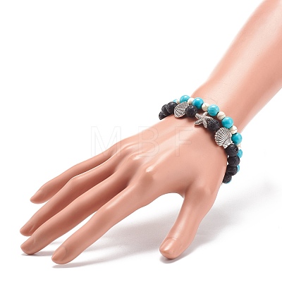 2Pcs 2 Style Natural Lava Rock & Synthetic Turquoise Round Beaded Stretch Bracelets Set BJEW-JB08585-1