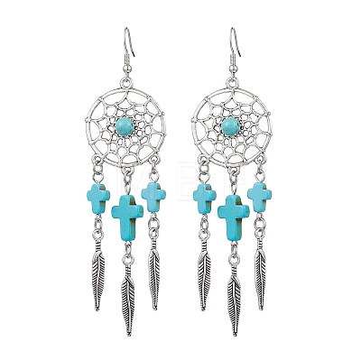 Cross Synthetic Turquoise Dangle Earrings EJEW-JE06330-01-1