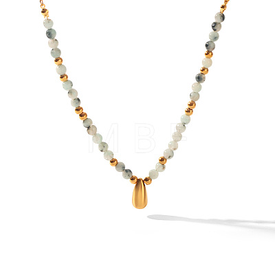 304 Stainless Steel Teardrop Pendant Natural African Turquoise(Jasper) Round Beaded Necklaces for Women WGE7304-01-1