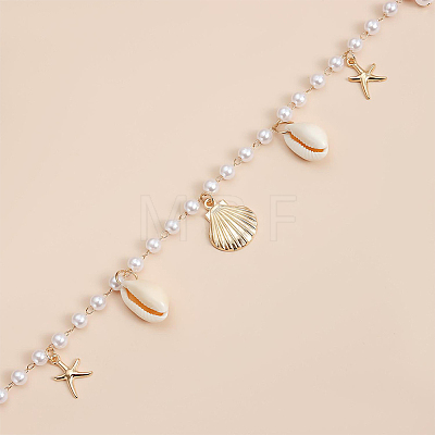 Natural Shell and Iron Starfish Tassel Imitation Pearl Link Chain Waist Chains for Women AJEW-CP0011-35B-1