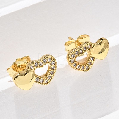 Valentine's Day Heart Brass Micro Pave Clear Cubic Zirconia Stud Earrings EJEW-D305-22G-03-1