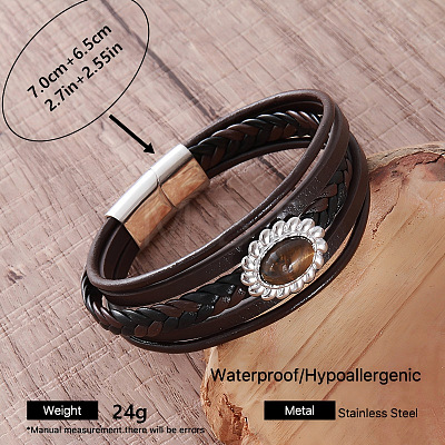 Vintage 304 Stainless Steel Men's Braided PU Leather Multi-Strand Bracelets with Metal Magnetic Clasps TT3196-2-1