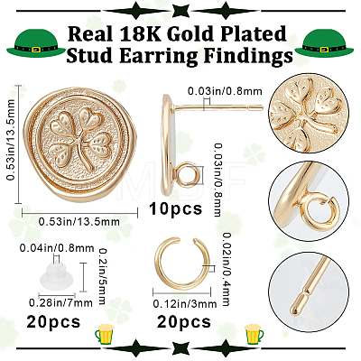 10Pcs Flat Round with Clover Brass Stud Earring Findings DIY-BBC0001-36-1