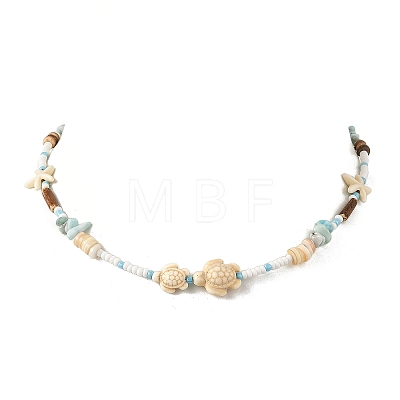 Ocean Starfish Turtle Synthetic Turquoise and Seed Beads Beaded Necklaces for Women NJEW-JN06661-1