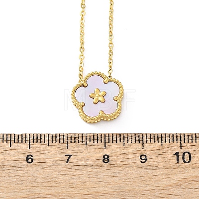 304 Stainless Steel Pave Natural Pink Shell Flower Pendant Necklaces for Women NJEW-U032-16G-01-1