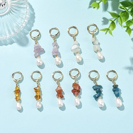 Natural Lavender Amethyst & Natural South Red Agate & Natural White Moonstone & Natural Amber & Natural Apatite Chip & Brass Hoop Earrings EJEW-JE07220-1