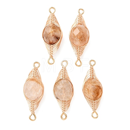 Heated Natural Yellow Quartz Faceted Flat Round Links Connector Charms with Copper Herringbone Wire-Wrapped KK-Z152-09G-03-1