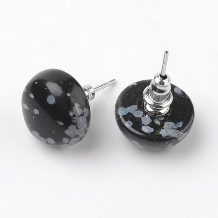 Half Round Dome Natural Snowflake Obsidian Stud Earrings EJEW-L171-03-1