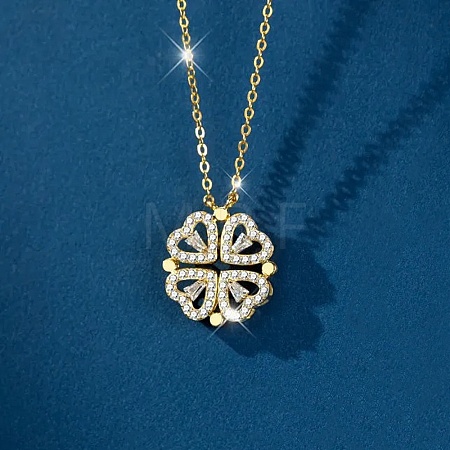 Clover 304 Stainless Steel Rhinestone Pendant Necklaces for Women NJEW-M107-03G-1