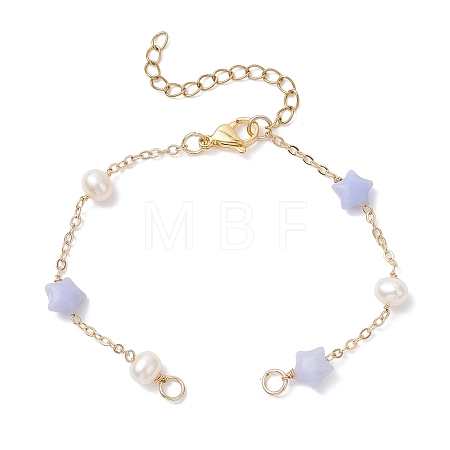Synthetic Blue Lace Agate Star & Natural Freshwater Pearl Rice & Brass Link Chain Bracelet Making AJEW-JB01456-01-1