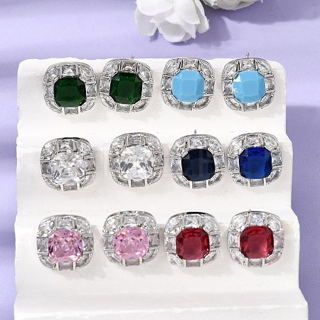 Brass Pave Cubic Zirconia & Glass Stud Earrings EJEW-G471-03P-1