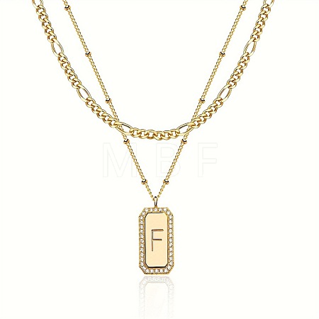 Brass Micro Pave Clear Cubic Zirconia Rectangle with Initial Pendant Double Layer Necklaces for Women FS-WG478B5-06-1