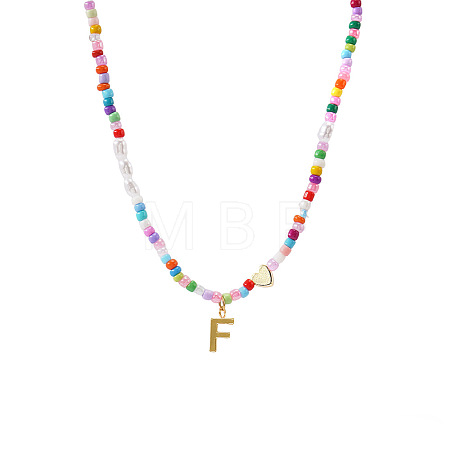 Colorful Beaded Heart Letter Necklace with Pearl Elements Stainless Steel Pendant Jewelry TR2146-6-1