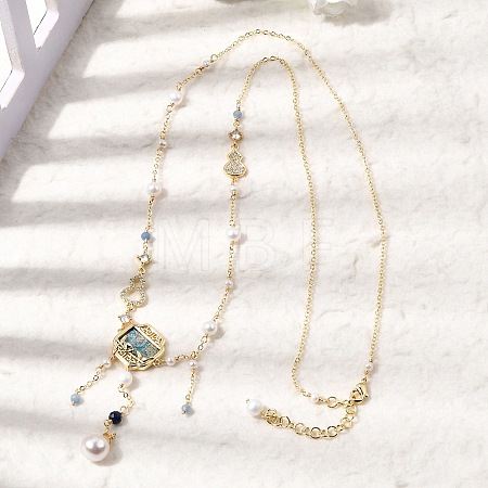 Chinese Brass Micro Pave Clear Cubic Zirconia and Imitation Pearl Gourd Shape and Square Pendant Necklaces with Natural Lapis Lazuli & Aquamarine Beads Tassel AJEW-H158-05G-1