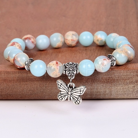 8MM Round Natural Shoushan Stone Beaded Stretch Bracelets with Alloy Butterfly Charms FQ7211-12-1