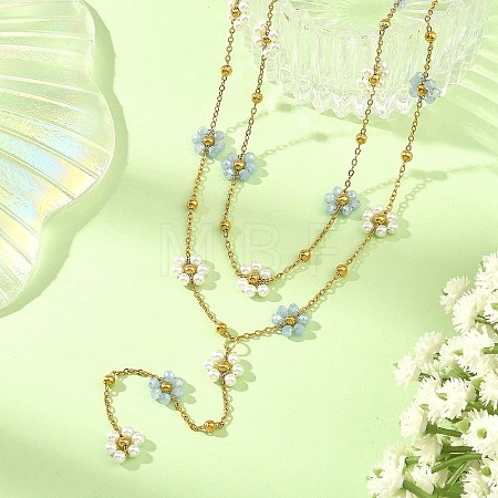 304 Stainless Steel Glass Flower Link Chain Double Layer Y Necklaces NJEW-JN06669-1