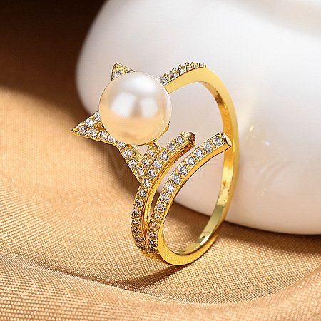 Brass Rhinestone with Imitation Pearl Cuff Open Rings for Women WG1F13A-02-1