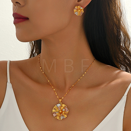 Vintage Brass Flower Stud Earrings & Pendant Necklaces Sets for Women NK5083-1