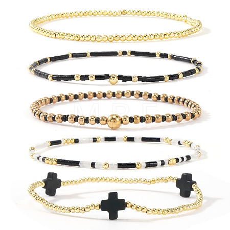 5Pcs 5 Styles Brass & Resin Beads Stretch Bracelets FP8271-1-1