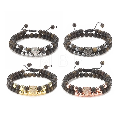 2Pcs 2 Style Natural Obsidian & Synthetic Hematite Braided Bead Bracelets Set with Cubic Zirconia Leopard BJEW-JB08119-1