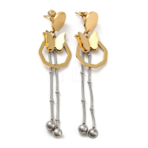 Vacuum Plating Two Tone 304 Stainless Steel 3D Butterfly Dangle Stud Earrings EJEW-D083-06GP-1