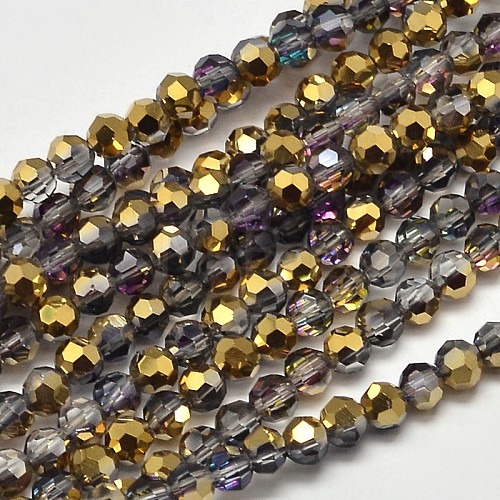 Faceted Round Half Plated Electroplate Glass Beads Strands EGLA-J130-HP04-1