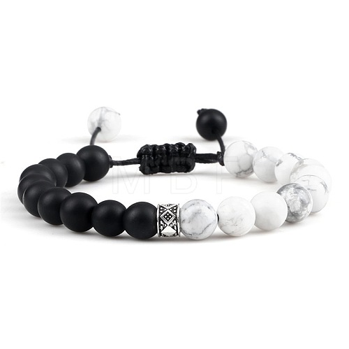 Adjustable Round Natural Howlite & Frosted Obsidian Braided Bead Bracelets for Women Men GP7384-1-1
