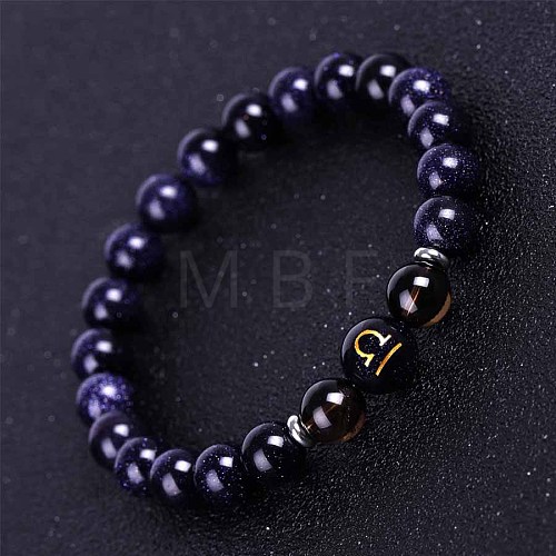 Libra Round Synthetic Blue Goldstone & Natural Smoky Quartz Stretch Bracelets for Women Men EA3132-1-1