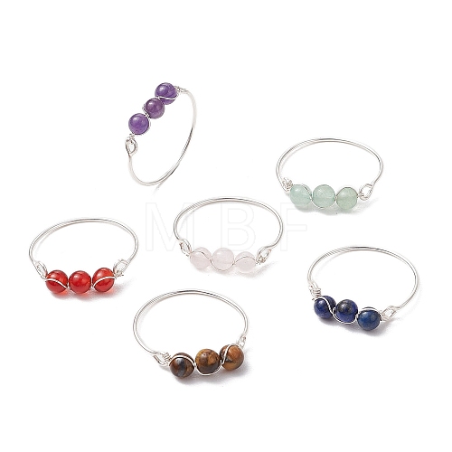 Round Natural Rose Quartz & Tiger Eye & Lapis Lazuli & Green Aventurine & Amethyst & Carnelian Finger Rings RJEW-JR00850-01-1