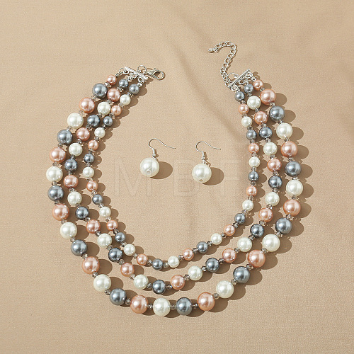 Resin Imitation Pearl Round Beaded Multilayer Necklaces & Dangle Earrings Sets WG4EAB6-02-1