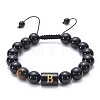10MM Natural Black Onyx(Dyed & Heated) and Tiger Eye Alphabet Round Braided Bead Adjustable Bracelets for Women DM6424-2-1