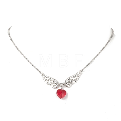 Red Heart with Alloy Angel Wings Pendant 304 Stainless Steel Cable Chain Necklaces NJEW-TA00218-1