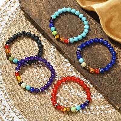 Dyed Natural & Synthetic Mixed Gemstone Round Beaded Stretch Bracelets BJEW-JB09650-1