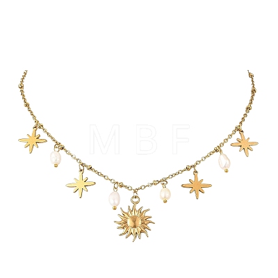 304 Stainless Steel & 201 Stainless Steel Sun Star Pendant Necklaces with Natural Pearl Beads for Women NJEW-JN06527-1