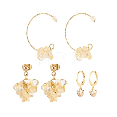 3 Pairs 3 Style Natural Citrine Chips Beaded Cluster Dangle Stud & Leverback Earrings EJEW-JE04895-02-1