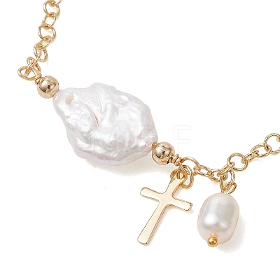201 Stainless Steel & Natural Cultured Freshwater Pearl Charm Bracelets BJEW-JB13659-1