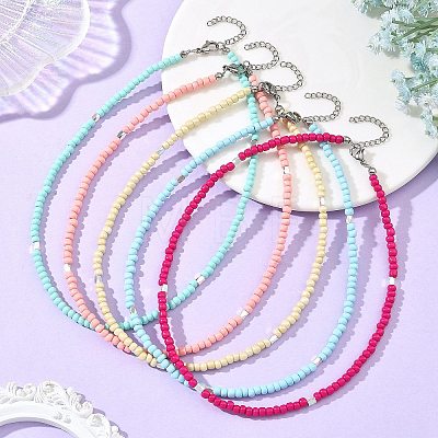 4MM Glass Seed Beaded Necklaces for Women NJEW-JN06543-1