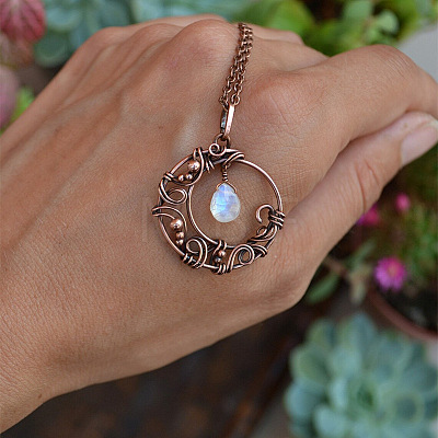 Copper Wire Wrapped Moon with Synthetic Moonstone Drop Pendant Necklaces FS-WG5A52F-01-1