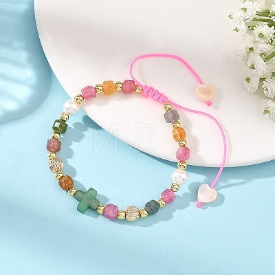 Natural Multicolor Tourmaline Faceted Cube Braided Bead Bracelets BJEW-JB14379-03-1