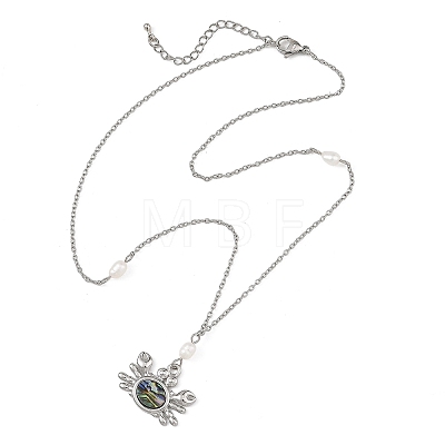 Alloy Natural Paua Shell Alloy Sea Animals Pendant 304 Stainless Steel Cable Chain Necklaces with Natural Pearl for Women NJEW-JN06524-1