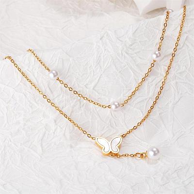 Double Layered Chain Butterfly Anklet Imitation Pearl Butterfly with Beaded Charms Anklet Summer Beach Dainty Jewelry Gift for Women JA198A-1