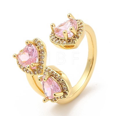 Pink Cubic Zirconia Triple Heart Open Cuff Ring RJEW-E064-06G-01-1