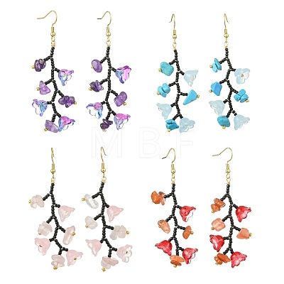 Glass Seed with Natural South Red Agate & Synthetic Turquoise & Natural Rose Quartz Dangle Cluster Earrings EJEW-MZ00726-1